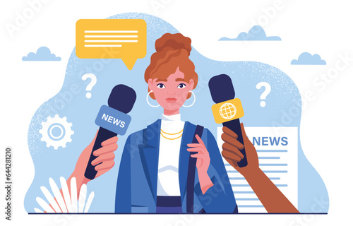 Media relations concept. Woman stands in front of microphones. Manager of company answers journalists questions. Marketing and brand promotion, press release. Cartoon flat vector illustration
