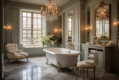 Elegant Traditional Bathroom with Chandelier and Freestanding Bathtub