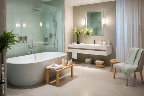 Serene Oasis: A Tranquil Bathroom Retreat with Refreshing Mint Accents, Exuding Elegance and Serenity