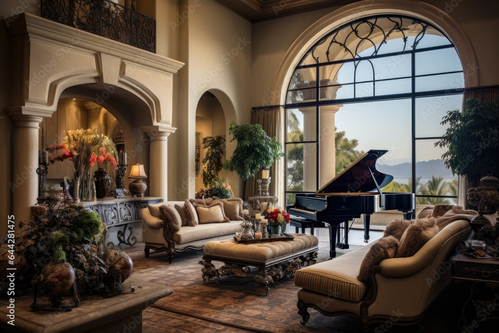 A Serene Mediterranean Oasis: A Luxurious Living Room Interior with Vibrant Colors, Ornate Details, and Breathtaking Views