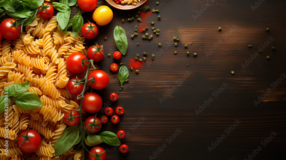Fototapeta premium Pasta background different types with tomatoes and basil top view
