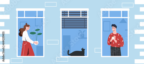 Neighbors in windows concept. Man and woman communicate with each other. Good relationship, help and support. Building exterior and facade, architecture. Cartoon flat vector illustration