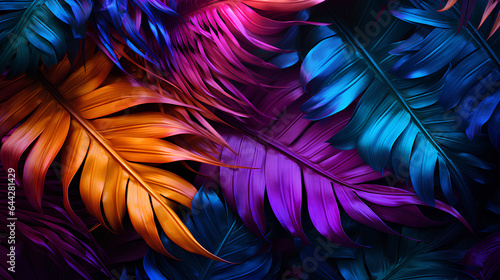 Creative fluorescent color layout of tropical leaves. Neon colors, Flat lay. The concept of nature