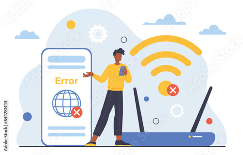 No wifi connection concept. Man near broken wi fi router. Young guy without internet. Online and digital technology, wireless device. Modern technologies and gadgets. Cartoon flat vector illustration