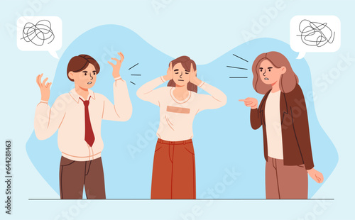 Woman not listening to advice concept. Young girl closed her ears with hands. Dialogue and discussion. Quarrel and aggression, conflict and swearing. Cartoon flat vector illustration