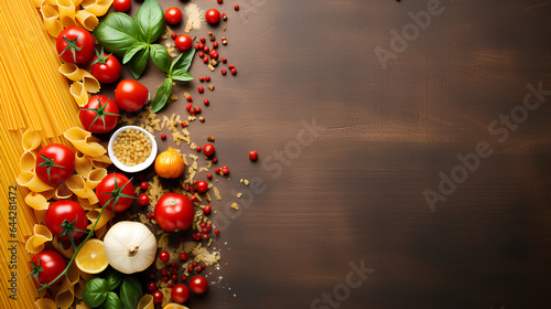 Pasta background different types with tomatoes and basil top view