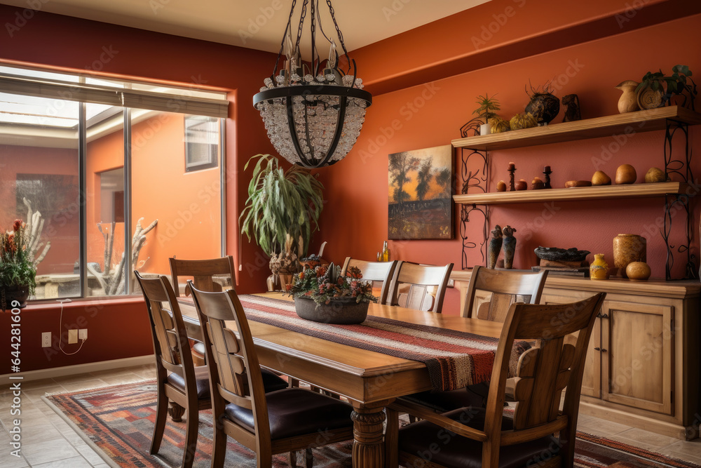 A Cozy Southwestern Dining Room with Warm Desert Tones and Native American Patterns