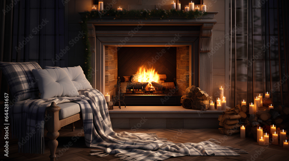 fireplace inside the house, with a simple bedspread on the floor, garlands fireplace inside the house, with a simple bedspread on the floor, garlands