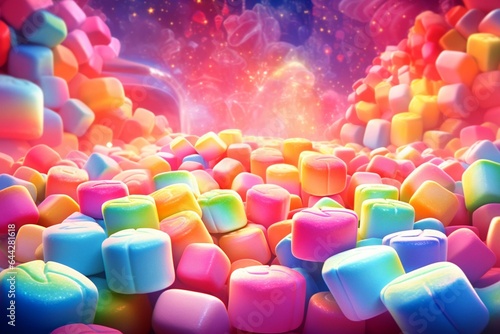 Vibrant illustration featuring colorful marshmallows with sparkling bokeh effect  forming a rainbow of sweets. Generative AI