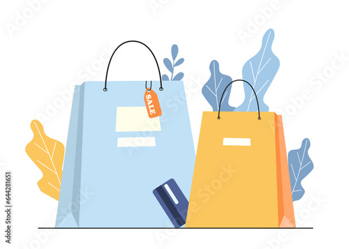 Online shopping packages concept. Electronic commerce and marketing. Sales, discounts and promotions, special offer. Purchases and etransfers and transactions. Cartoon flat vector illustration