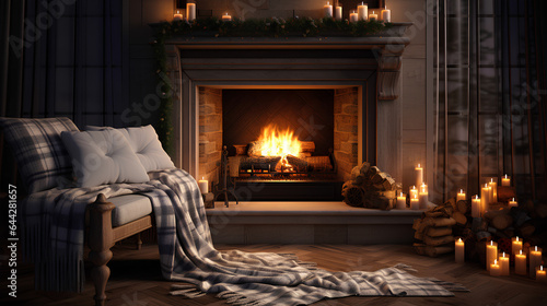 fireplace inside the house  with a simple bedspread on the floor  garlands