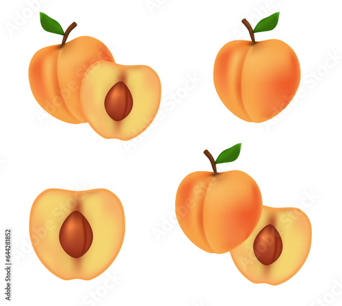 Set of peaches concept. Summer dessert and delicacy. Slice and whole fruits. Natural and organic products with vitamins. Cartoon flat vector collection isolated on white background