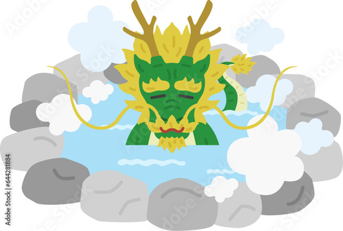 温泉に入ってリラックスする、龍のキャラクターのイラスト