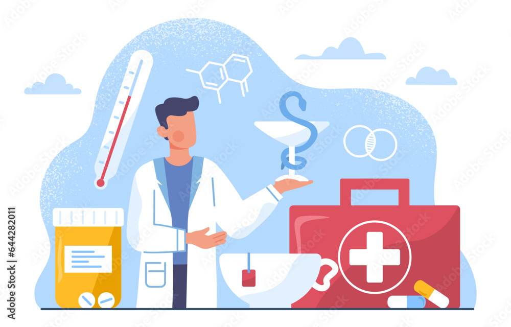 Physician with tools concept. Man in medical uniform with pills and thermometer, first aid box. Healthcare, diagnosis and treatment. Doctor give advice. Cartoon flat vector illustration Physician with tools concept. Man in medical uniform with pills and thermometer, first aid box. Healthcare, diagnosis and treatment. Doctor give advice. Cartoon flat vector illustration