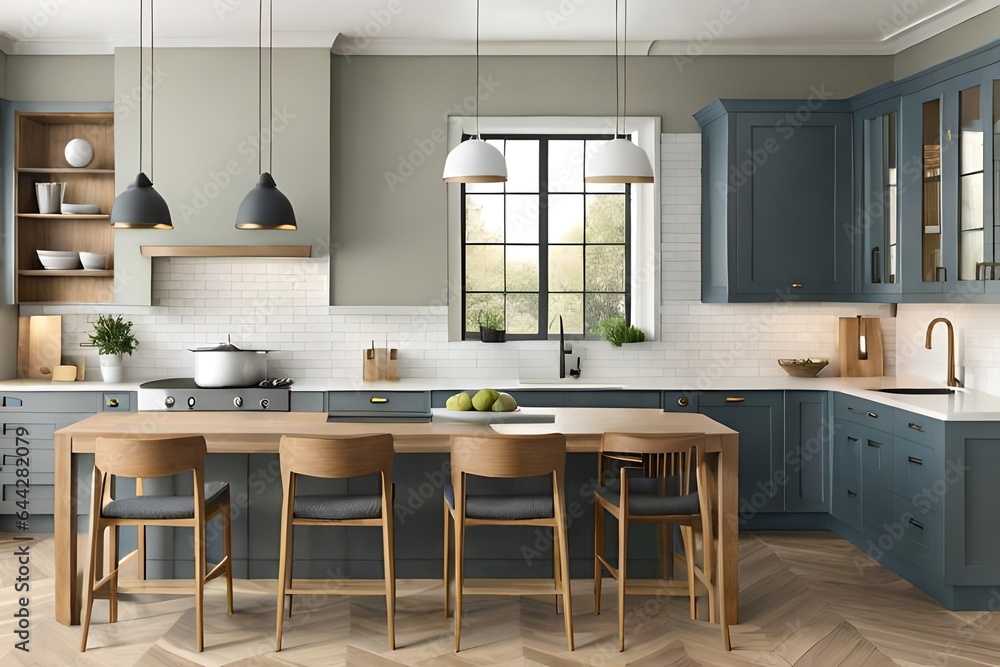 Mock up poster frame in kitchen interior, Farmhouse style, 3d render. Modern kitchen interior Mock up poster frame in kitchen interior, Farmhouse style, 3d render. Modern kitchen interior