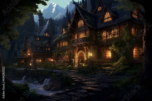 An inn nestled amid a magical forest  bathed in twilight s glow. Generative AI