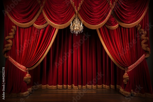 Scarlet theater curtains create an opulent backdrop. Generative AI