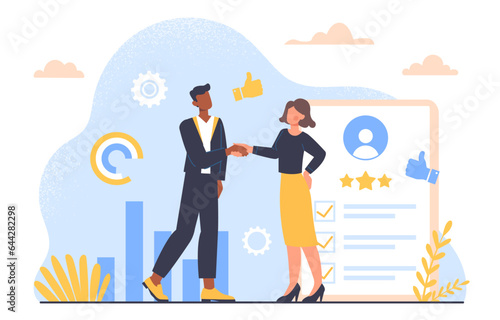 People with recommendation concept. Man and woman shake hands against background of contract and document, agreement. Talented worker and employee. Cartoon flat vector illustration