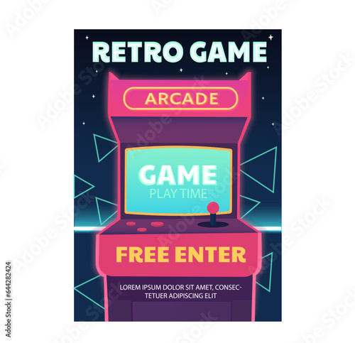 Retro game arcade concept. Machine for gamers, fun, leisure and entertainment. Gadget and device. Video games in 80s and 90s. Retro style poster or cover. Cartoon flat vector illustration