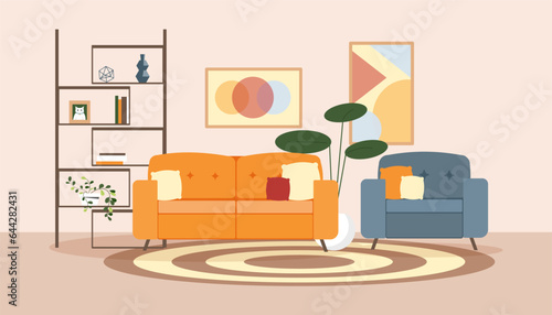 Modern room interior concept. Orange sofa with decorative pillows near blue armchair. Shelves and abstract paintings. Comfortable and cozy apartment. Cartoon flat vector illustration