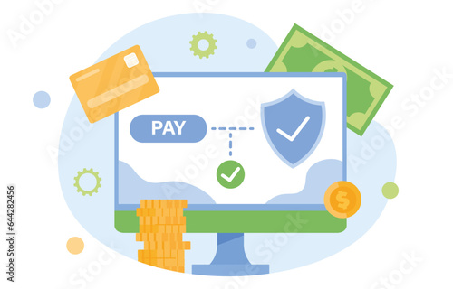Secure payment at computer concept. Digital money transfer and transaction. Protection of money on Internet  blockchain technology. Electronic finance. Cartoon flat vector illustration