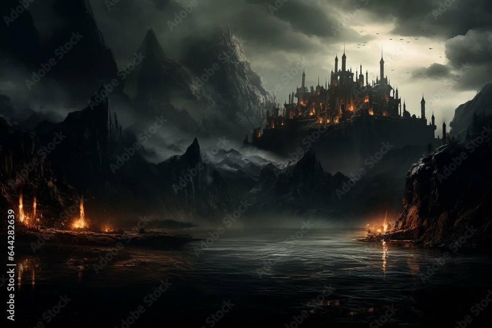 Evil fortress in mountainous landscape with lake, dark and gothic castle, surrounded by black smoke and magic. Generative AI