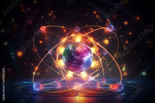 Illustration of an atomic nuclear model against an energetic background. Generative AI