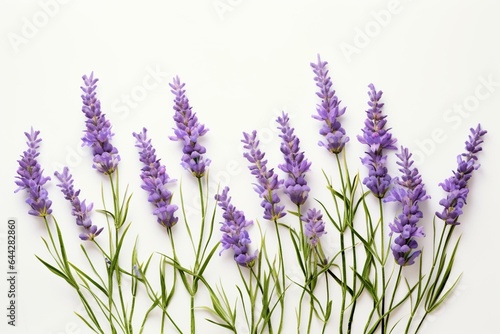 White background with isolated lavender flowers. Generative AI