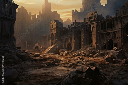 Deserted ruins of a conflict-ravaged city. Generative AI