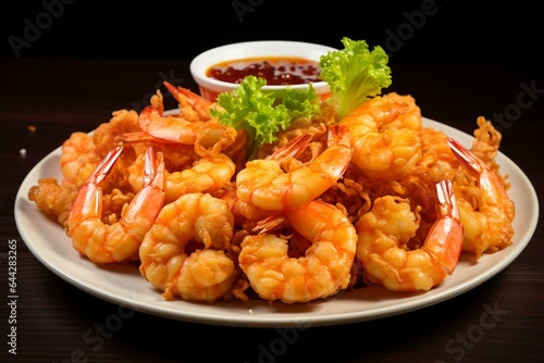 Appetizing fried shrimp on a plain plate. Generative AI