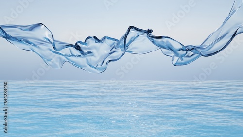 3d Abstract geometric background with blue Iridescent transparent glass wavy ribbon on water, Holographic curved wave in motion.