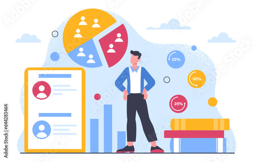 Man with sociology concept. Young guy with statistics about society. Character studies demography. Infographics and data visualization. Scientific research. Cartoon flat vector illustration