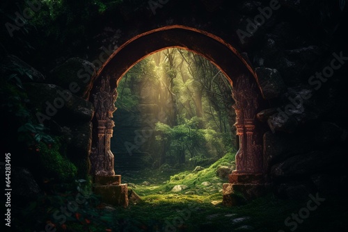 Glowing portal in dark forest seen through ancient stone archway. Generative AI