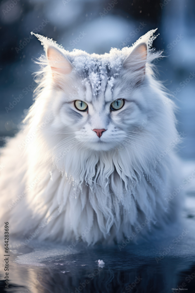 Long Hair White Cat in the Snow