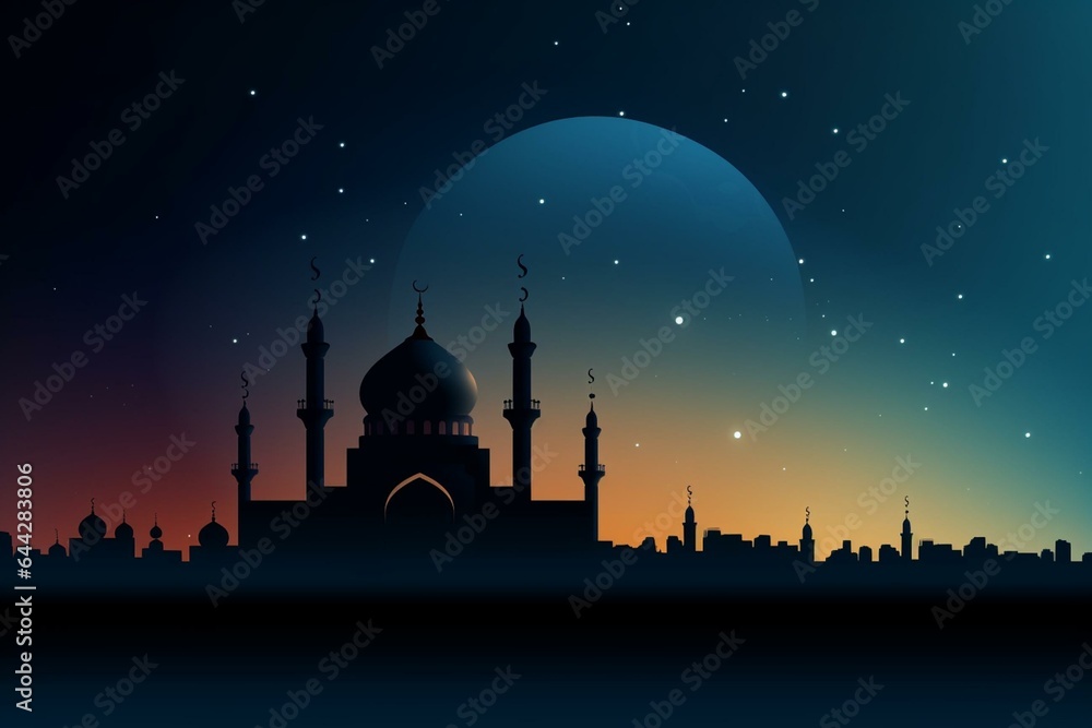 Nighttime silhouette of a mosque with crescent moon in an Islamic-style banner. Beautiful Muslim invitation with Eid Mubarak message on religious background. Generative AI