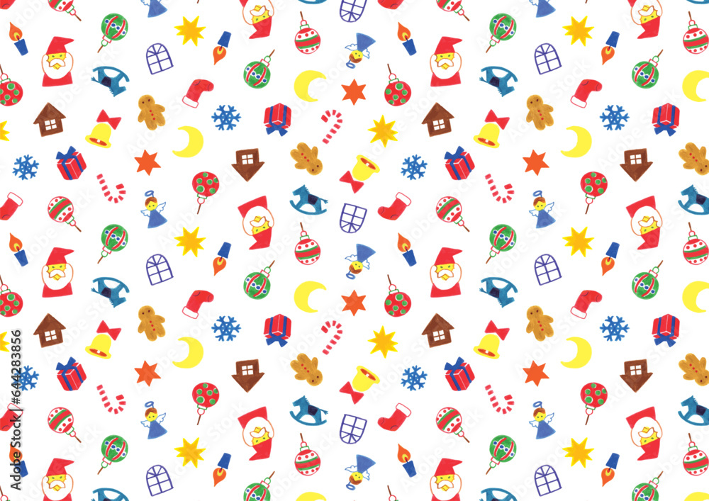 Obraz premium Christmas pattern of handwritten colorful ornaments on a white background 白地に手書きカラフルオーナメントのクリスマスパターン 