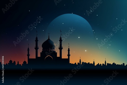 Nighttime silhouette of a mosque with crescent moon in an Islamic-style banner. Beautiful Muslim invitation with Eid Mubarak message on religious background. Generative AI