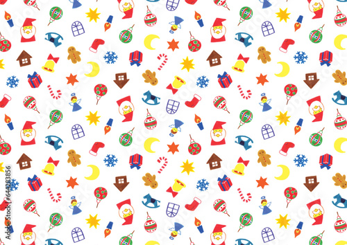 Christmas pattern of handwritten colorful ornaments on a white background 白地に手書きカラフルオーナメントのクリスマスパターン 