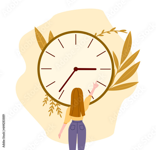 Woman with time management concept. Young girl near large clocks. Scheduling and planning. Organization of effective workflow. Hardworking and responsible worker. Cartoon flat vector illustration