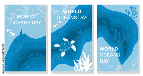 World oceans day posters set. Turtle in sea or ocean. Reducing release of hazardous waste and pollution. Care about ecology and nature. Cartoon flat vector collection isolated on white background