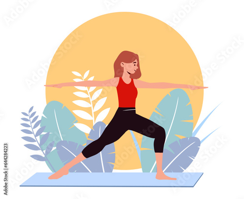 Woman practice yoga concept. Young girl doing exercises at mat. Healthy and active lifestyle. Fitness and sport, workout. Meditation and mindfulness. Cartoon flat vector illustration