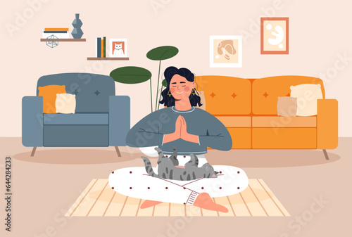 Woman doing yoga with cat. Young girl sitting in lotus position with pet. Owner with domestic animal indoor. Active lifestyle and sport. Rest and relax, meditation. Cartoon flat vector illustration