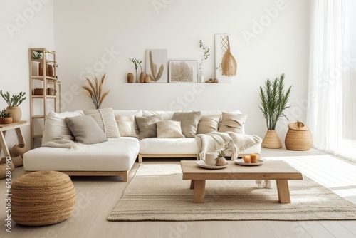 Modern home display with white room, wooden furniture, and a blend of Scandinavian and bohemian styles. Generative AI