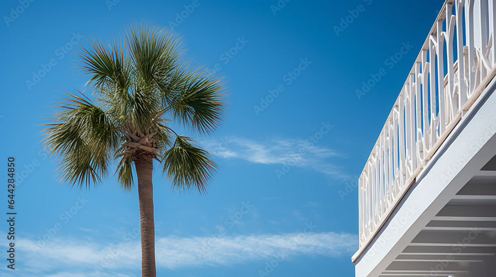 Fototapeta premium Low angle view of corner of house and palm tree - blue skies 