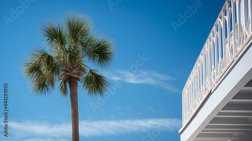 Low angle view of corner of house and palm tree - blue skies 