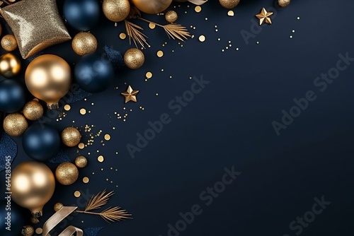 Elegant Christmas vertical banner design with luxury gold decorations on dark blue table. Frame of golden balls, stars, and confetti. Top view. Generative AI