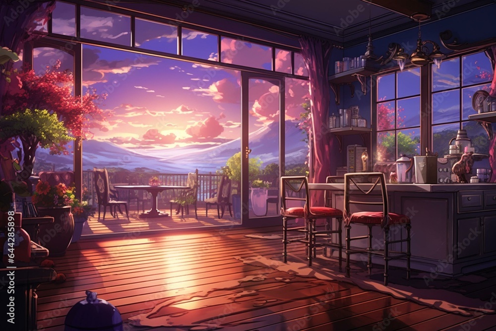 Anime-style artwork depicting a house and interior background. Generative AI