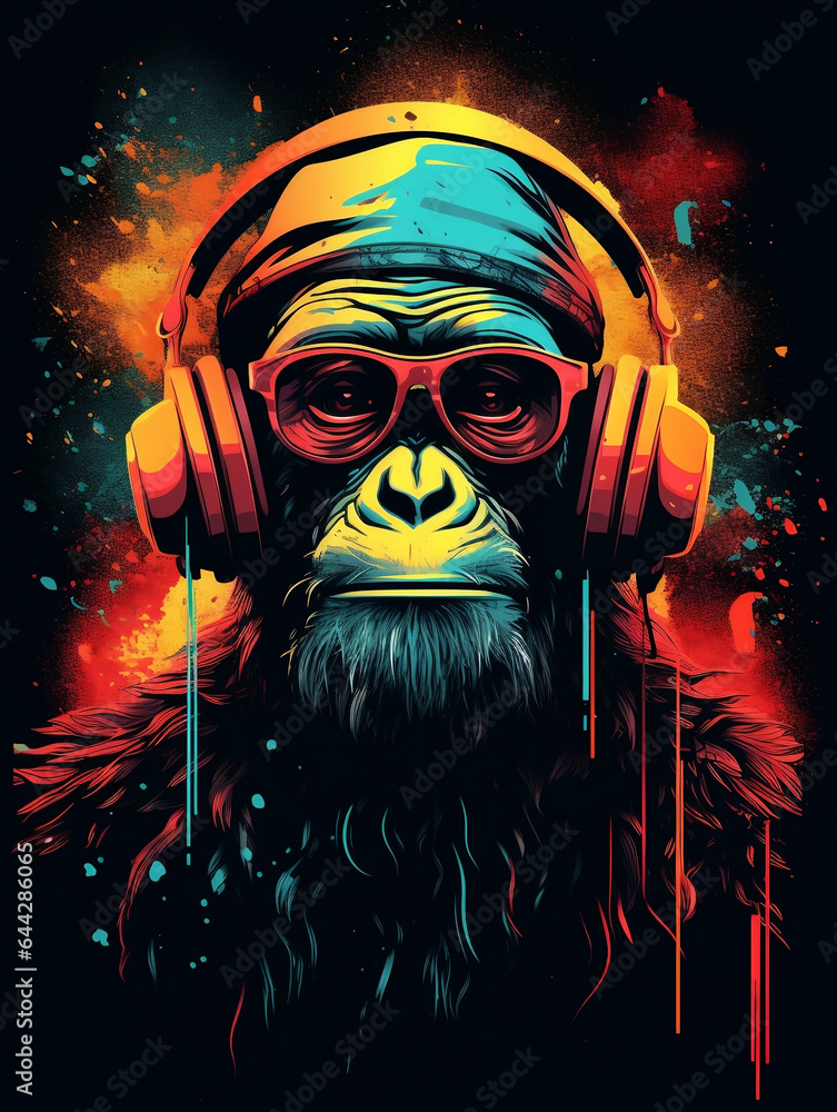 Hyperrealistic colorful cyberpunk chimpanzee wearing sunglasses and headphones. Groovy Chimp: Neo-Pop Beats and Shades. Generative AI.