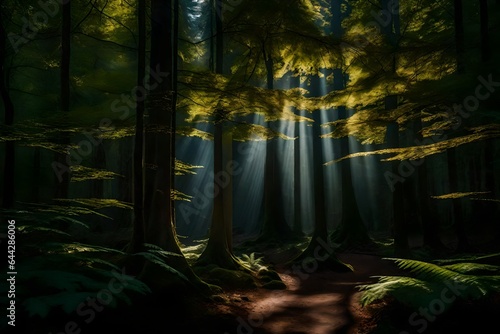 rays of light in the forest  Spheric panorama in a forest  magnificent upwards view to the treetops 