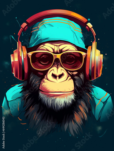 Hyperrealistic cyberpunk chimpanzee wearing sunglasses and headphones. Groovy Chimp: Neo-Pop Beats and Shades. Generative AI.